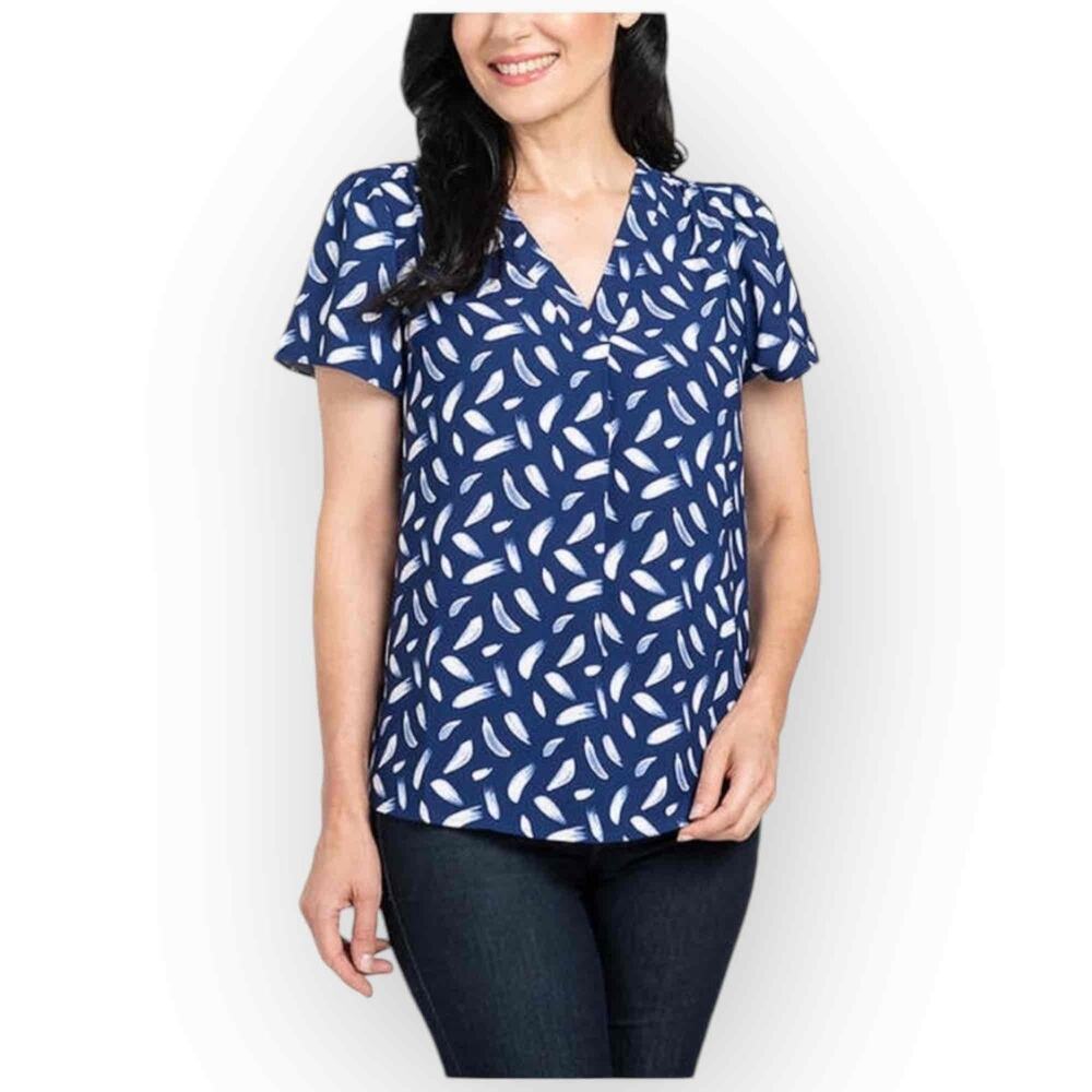 Hilary Radley Ladies V-Neck Blouse, Dark Blue (Deep Indigo/Off-White) 1133S